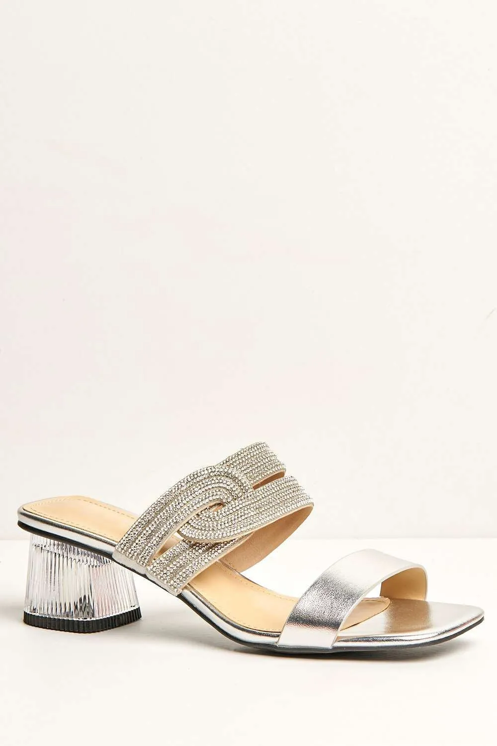 Lina Twist Diamante Band Slip On Block Heel Mule in Silver