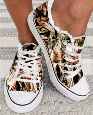 Marble Print Raw Hem Lace-up Sneakers