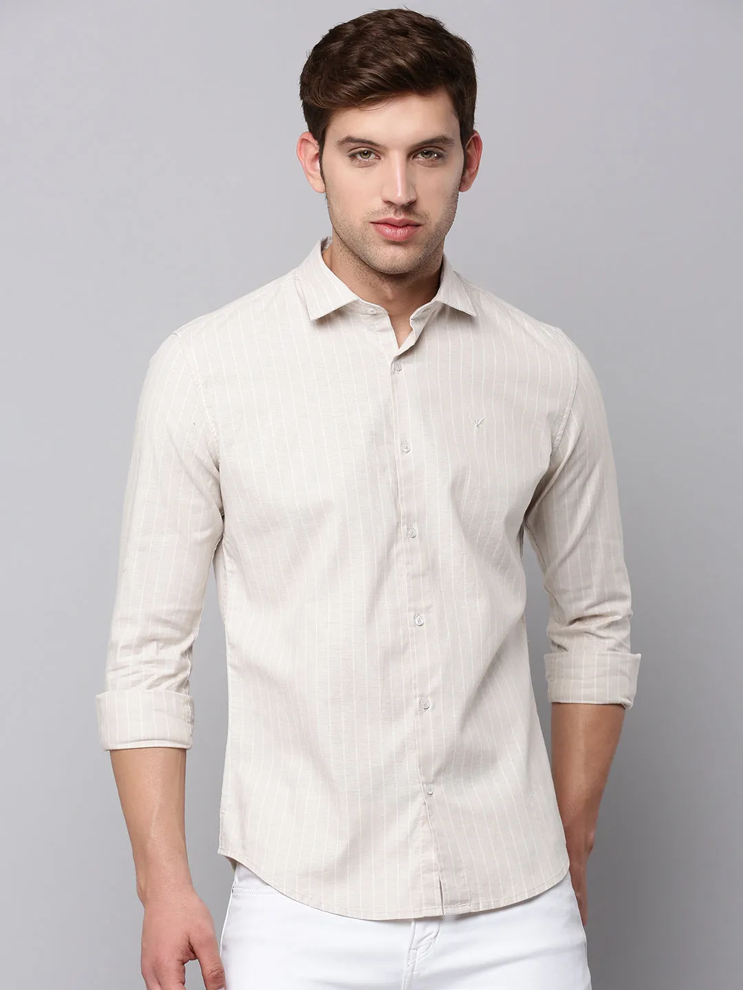 Men Beige Striped Casual Shirt