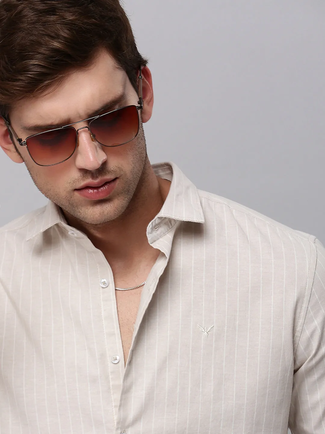 Men Beige Striped Casual Shirt