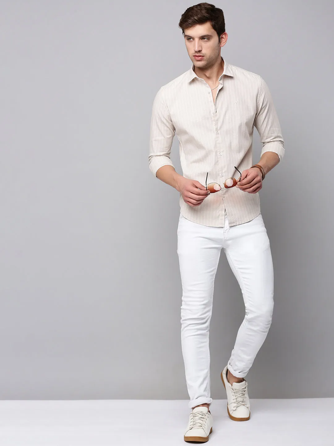 Men Beige Striped Casual Shirt