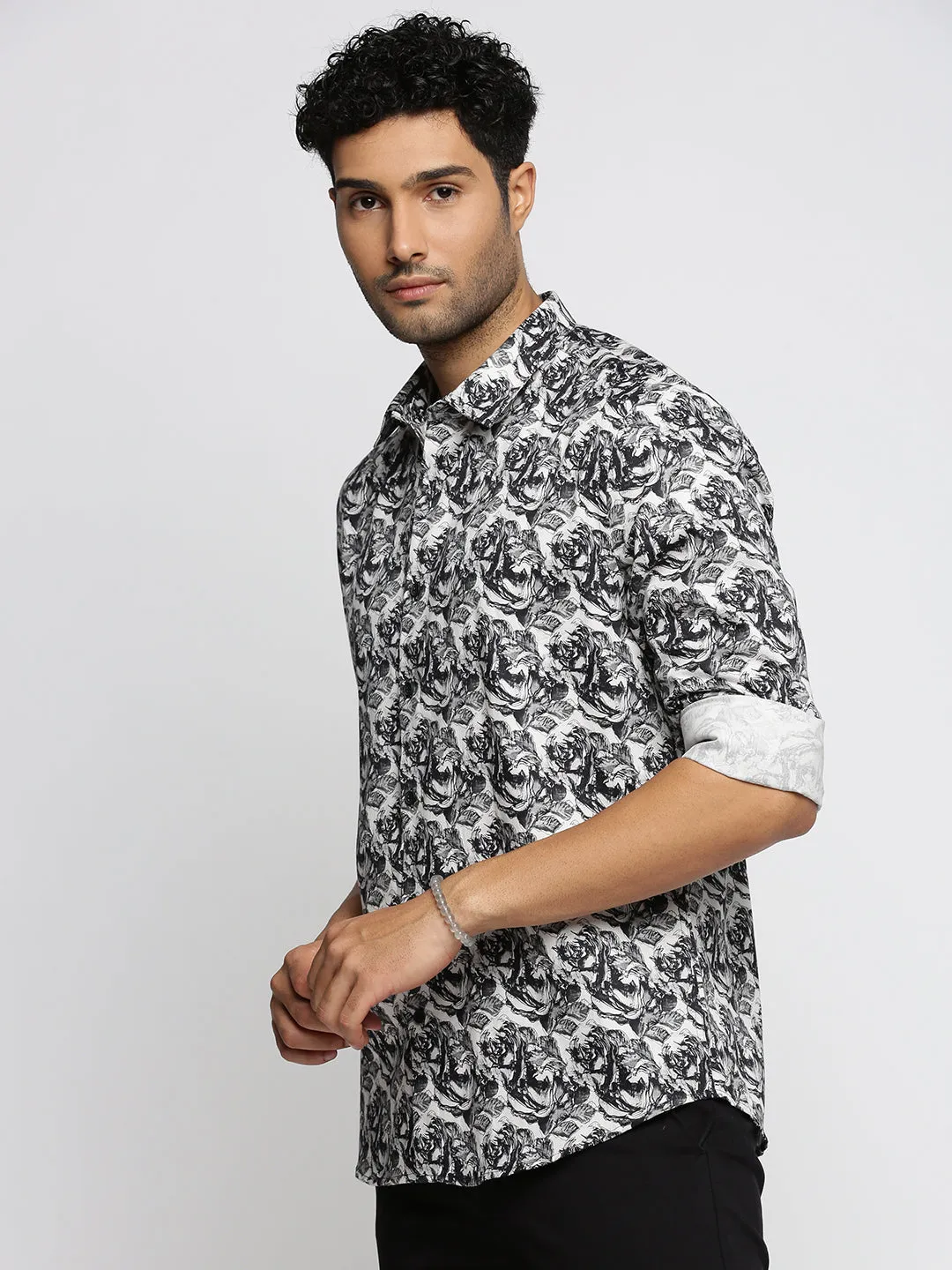 Men Black Spread Collar Abstract Shirt