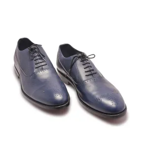 Men Blue Oxford Brogue Genuine Leather Shoes with Black Laces