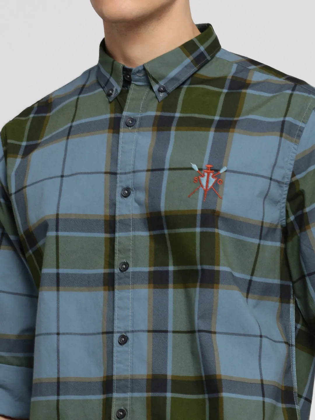 Men Blue Spread Collar Tartan Checks Shirt