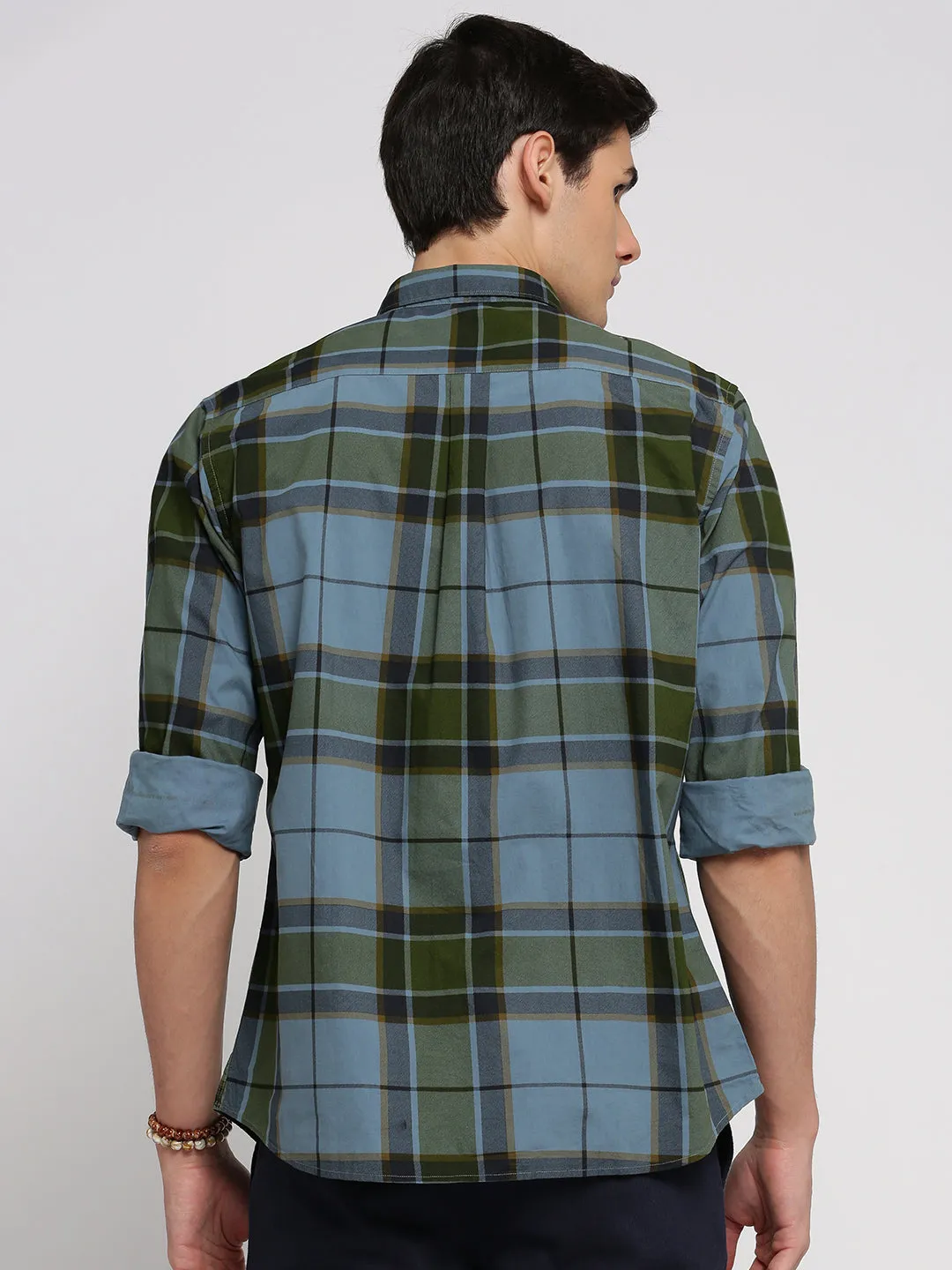 Men Blue Spread Collar Tartan Checks Shirt