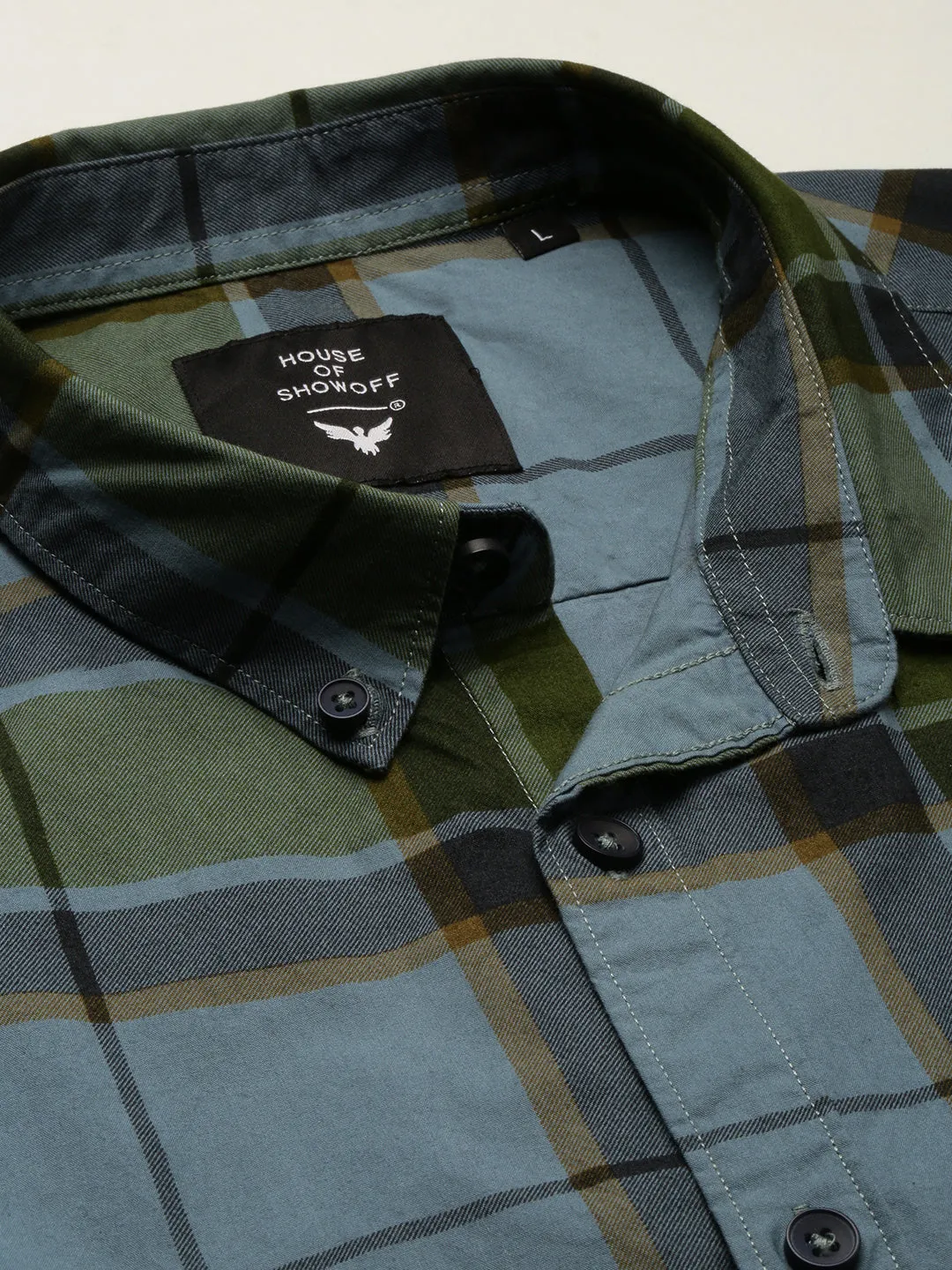 Men Blue Spread Collar Tartan Checks Shirt