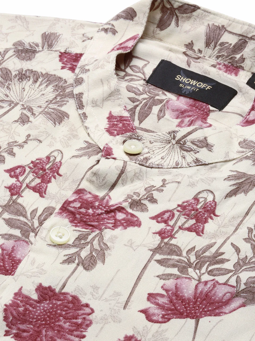 Men Cream Floral Slim Fit Shirt