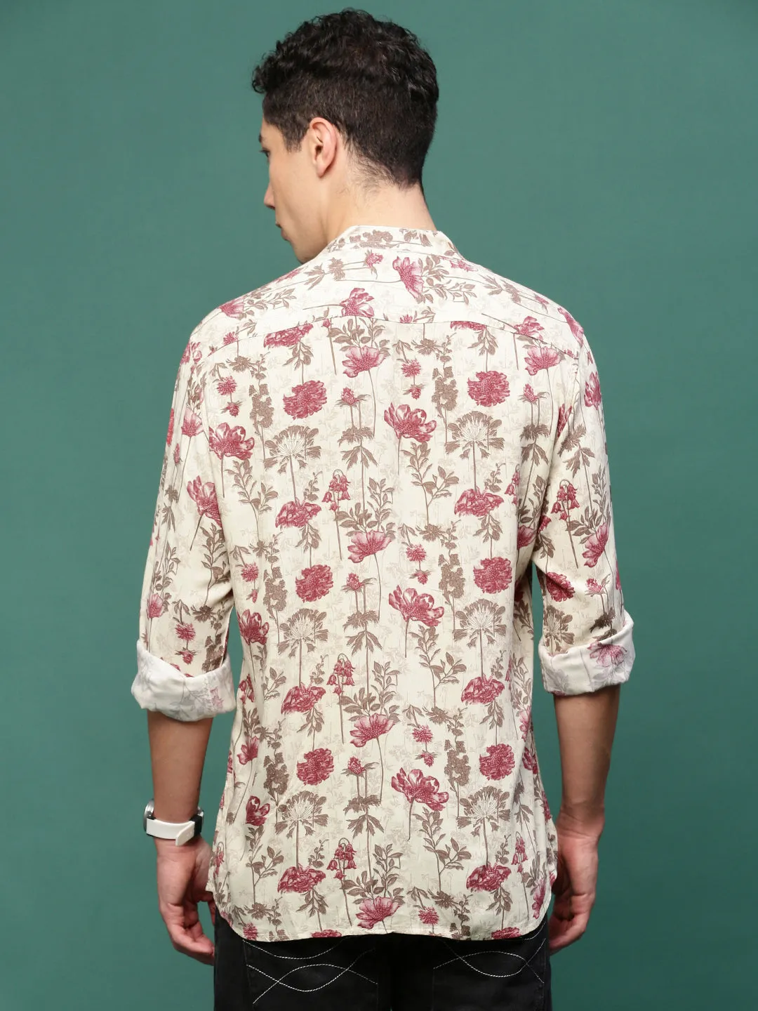 Men Cream Floral Slim Fit Shirt