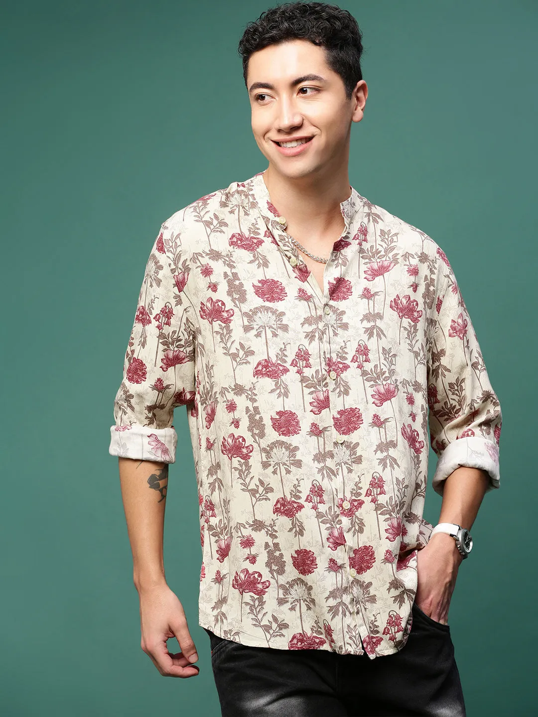 Men Cream Floral Slim Fit Shirt