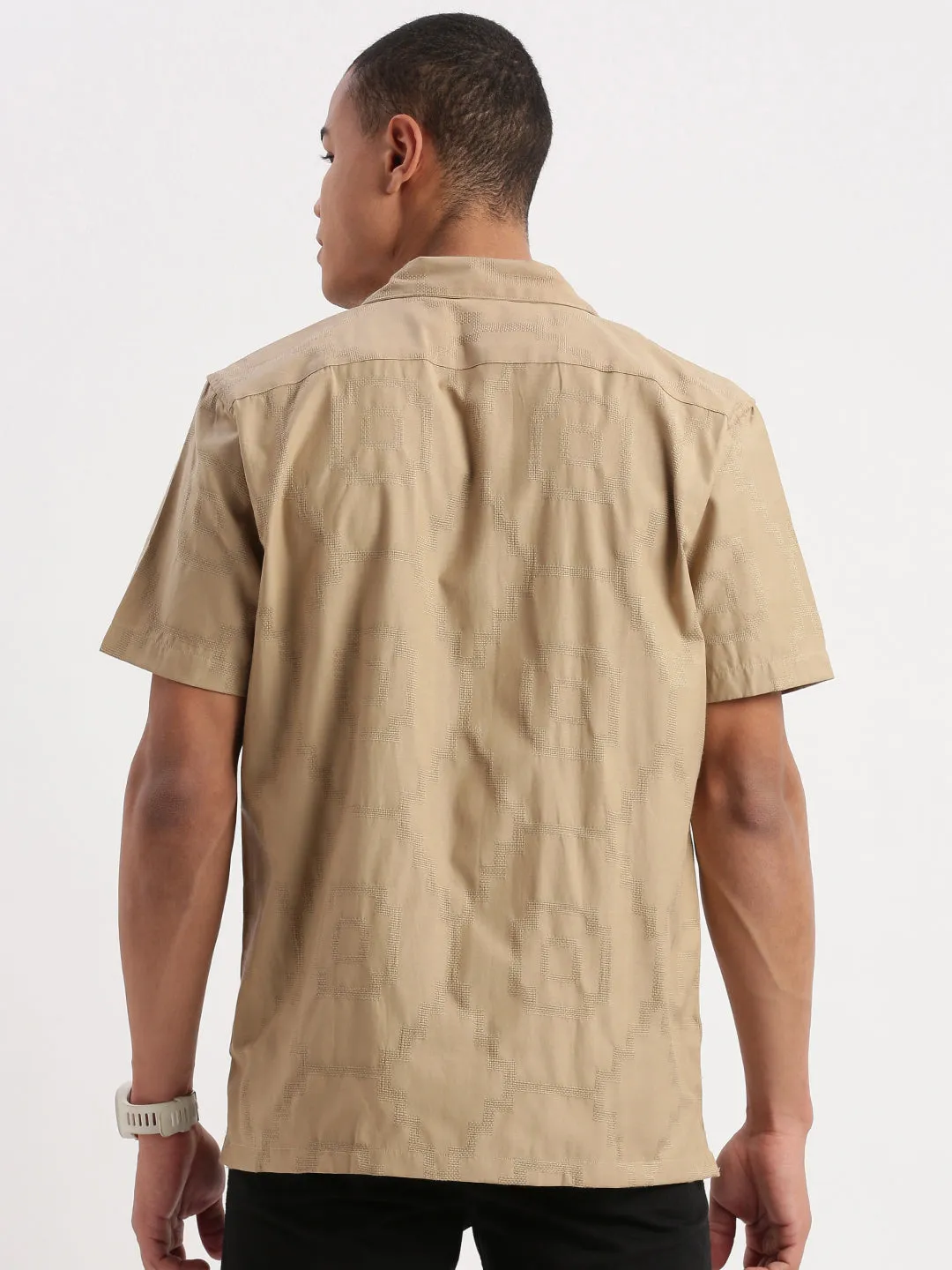 Men Cuban Collar Solid Khaki Shirt