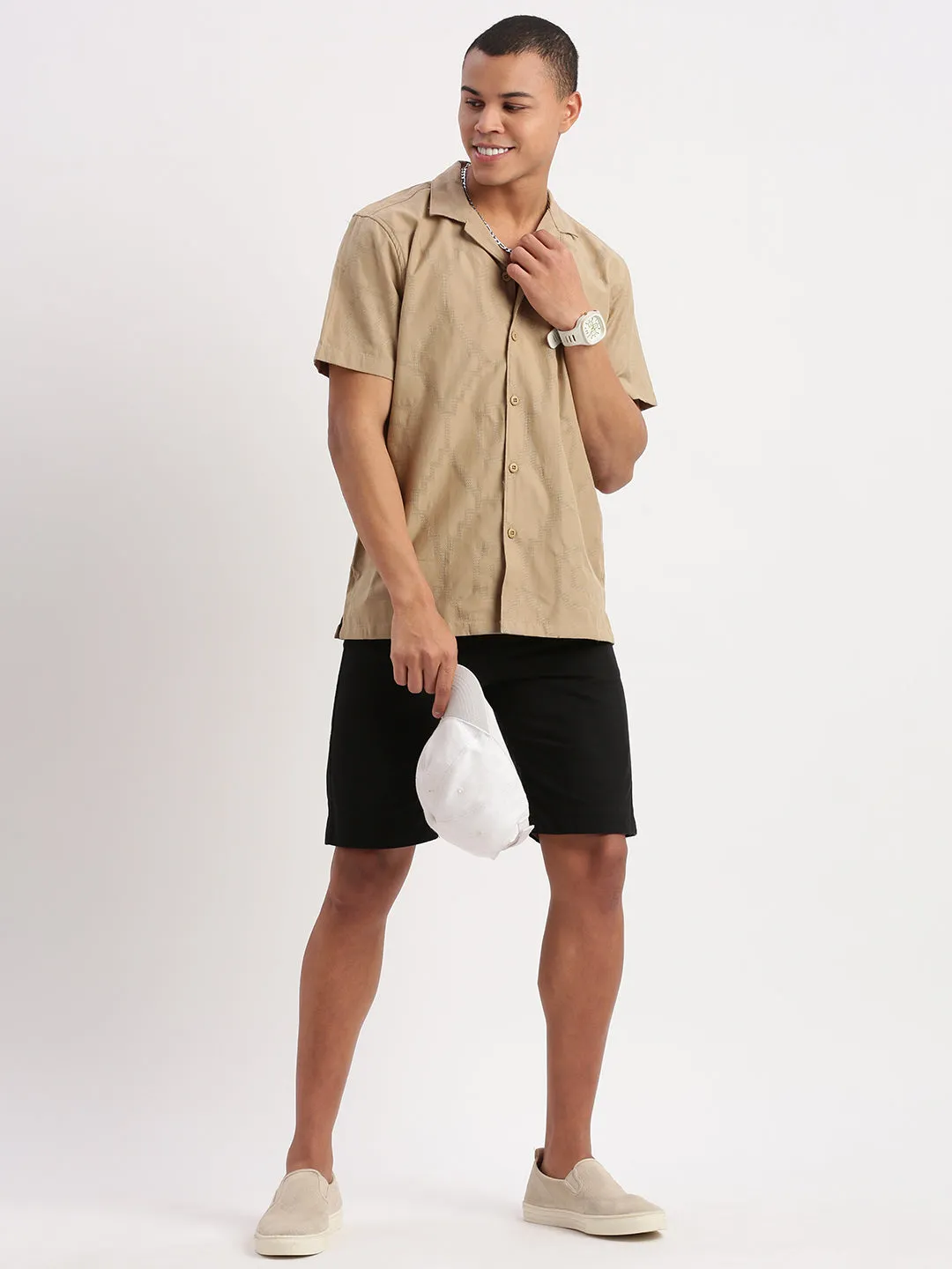 Men Cuban Collar Solid Khaki Shirt