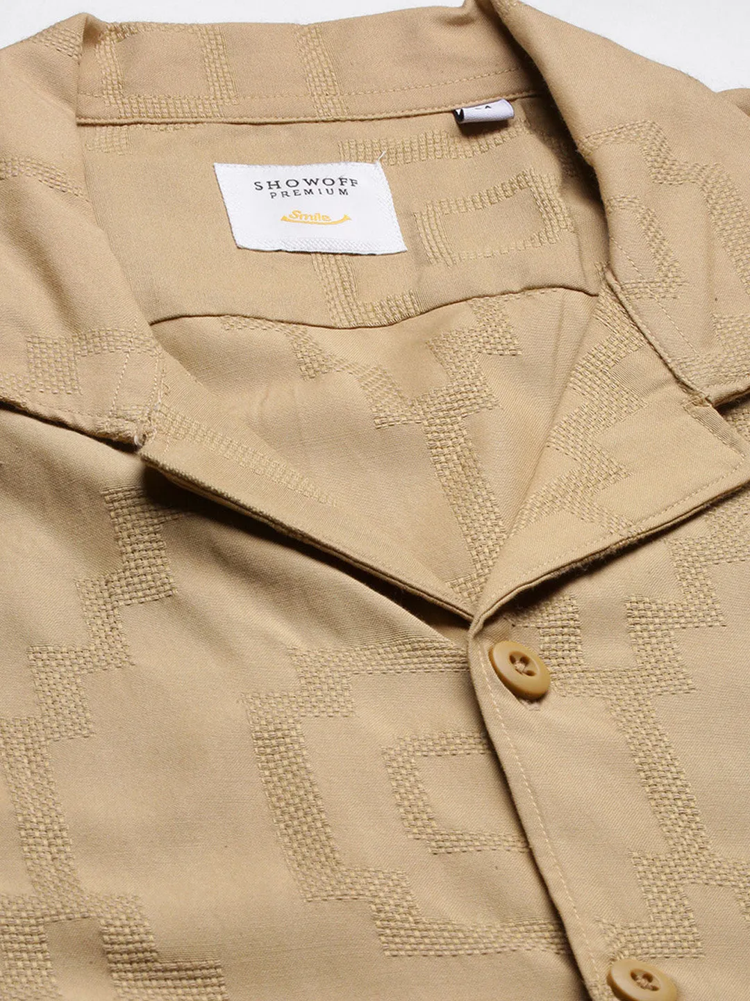 Men Cuban Collar Solid Khaki Shirt