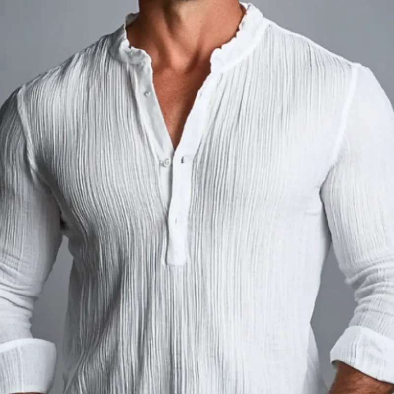 Men Fashion Pleated Henley Collar Long Sleeve Shirt 15674871Y