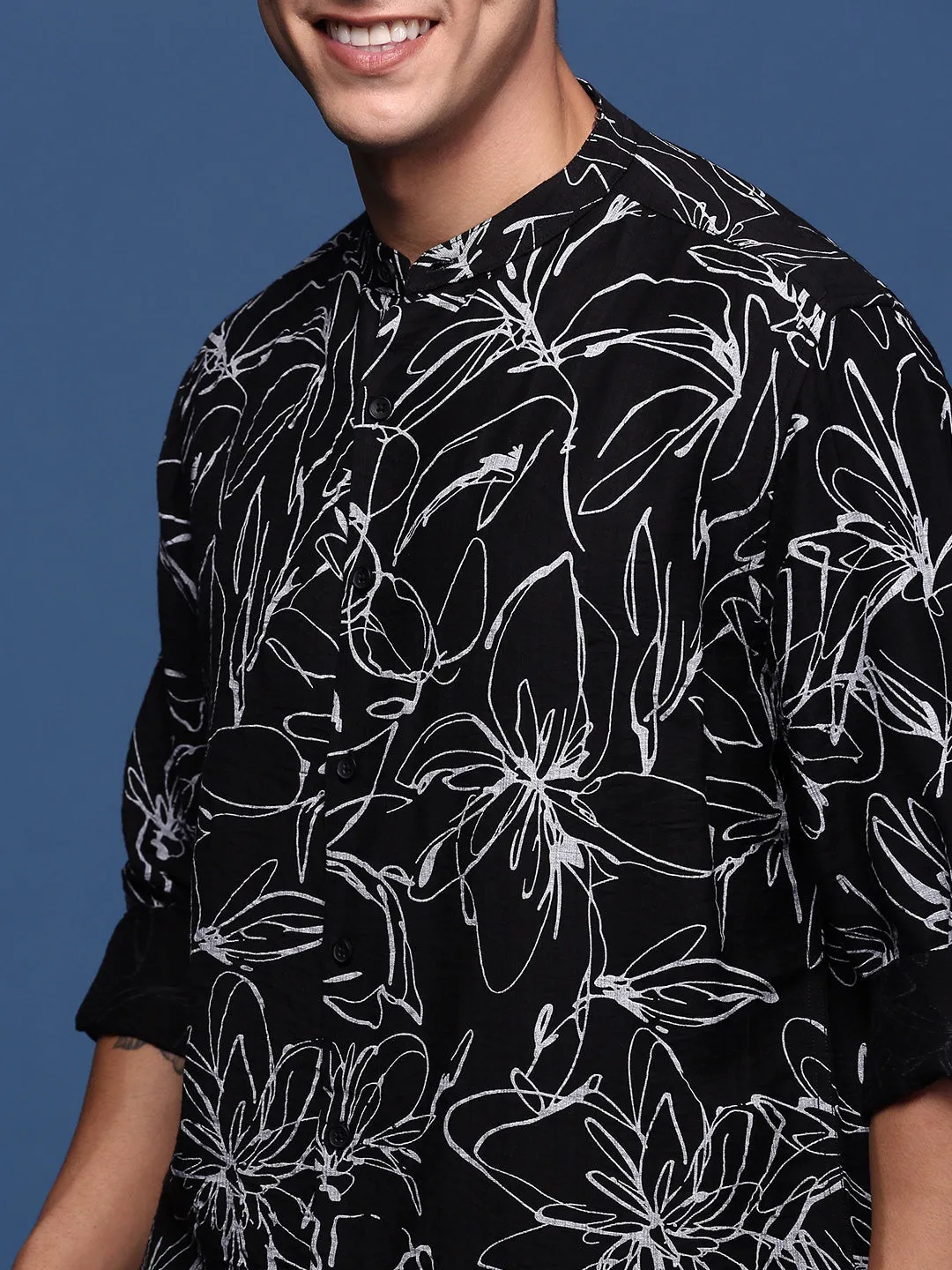 Men Mandarin Collar Floral Black Slim Fit Shirt