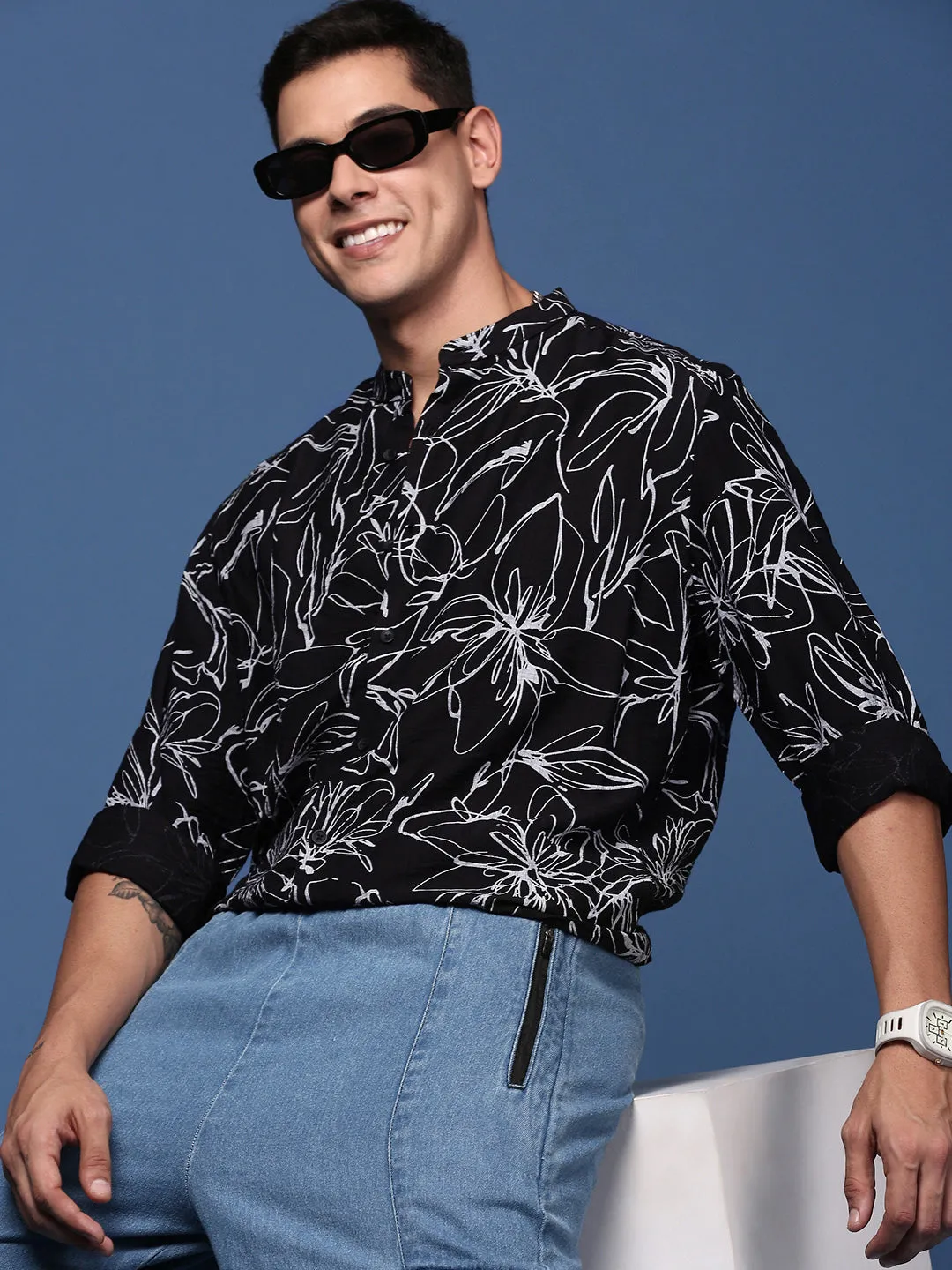 Men Mandarin Collar Floral Black Slim Fit Shirt