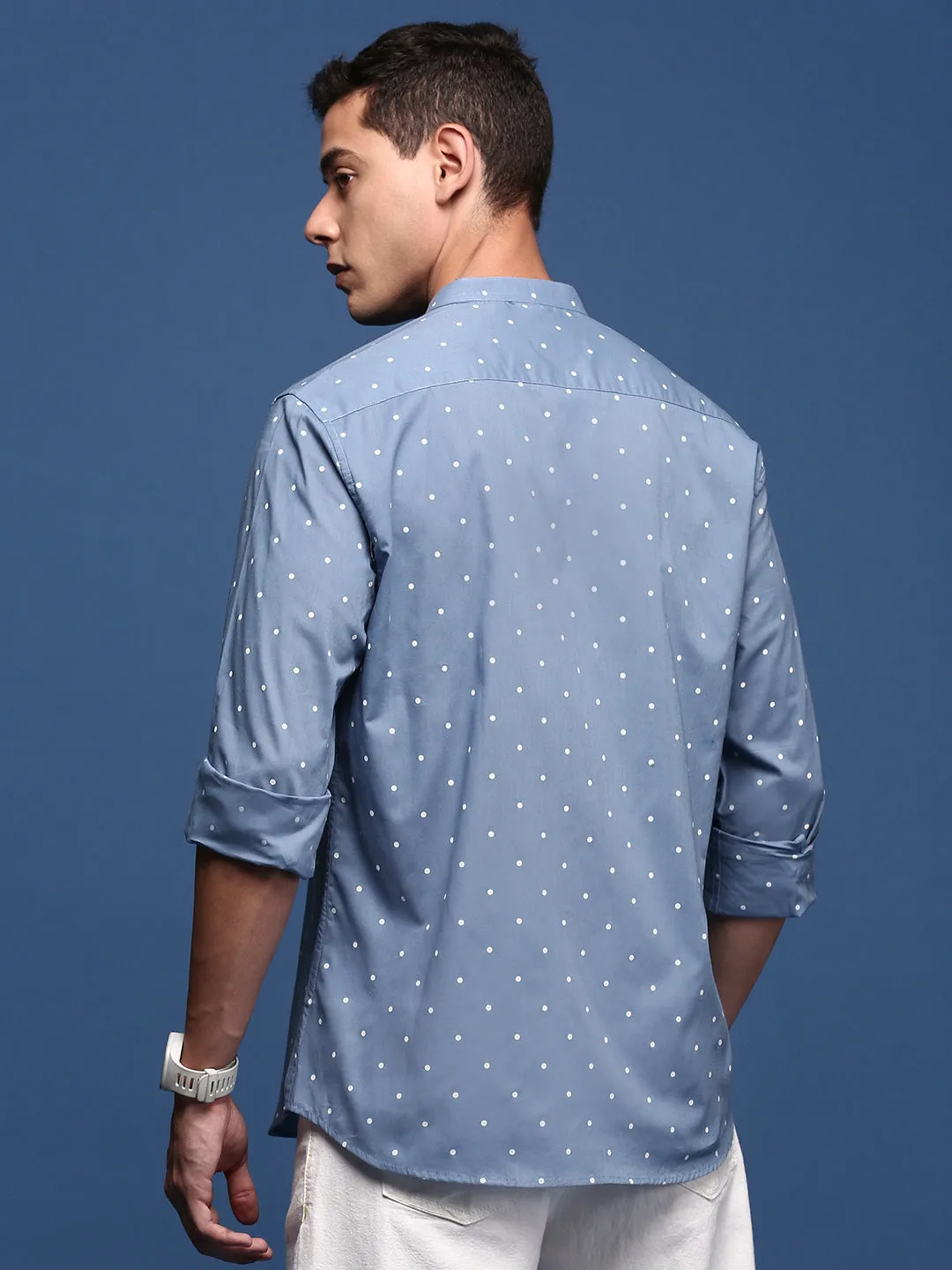 Men Mandarin Collar Polka Dots Blue Slim Fit Shirt