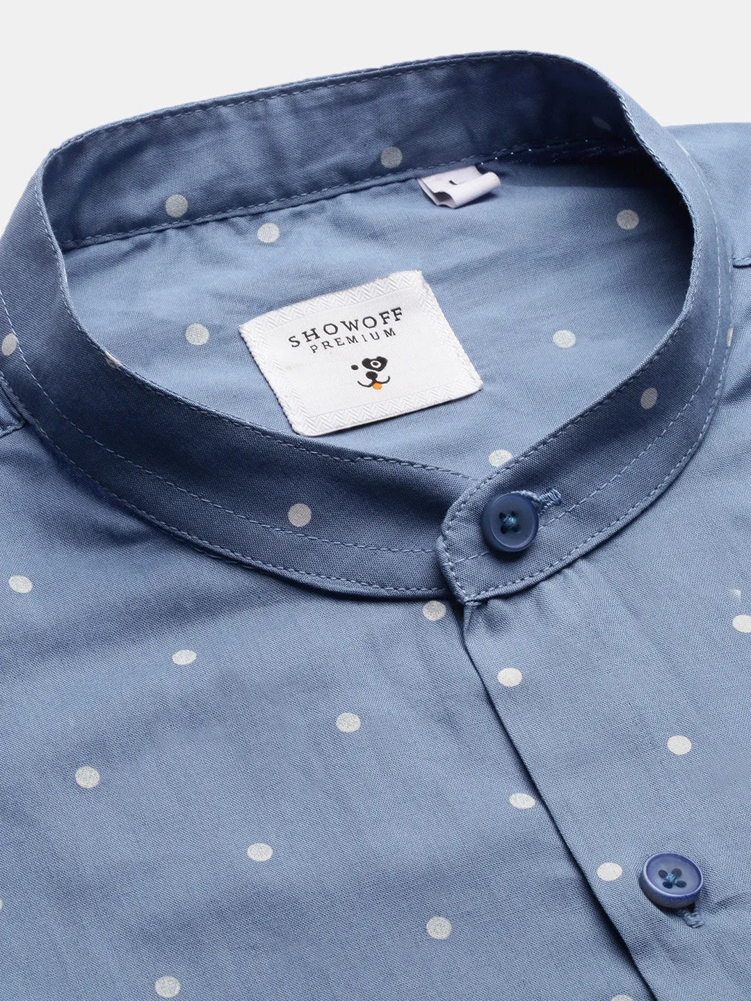 Men Mandarin Collar Polka Dots Blue Slim Fit Shirt