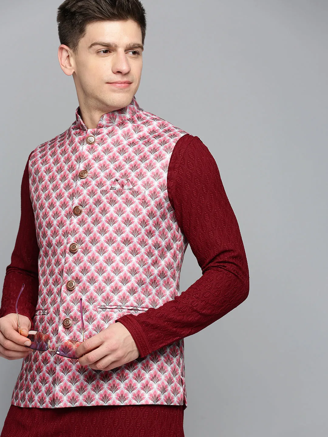 Men Mandarin Collar Printed Magenta Nehru Jacket