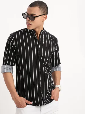 Men Mandarin Collar Vertical Stripes Black Shirt