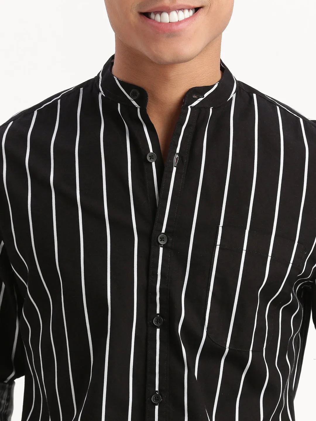 Men Mandarin Collar Vertical Stripes Black Shirt