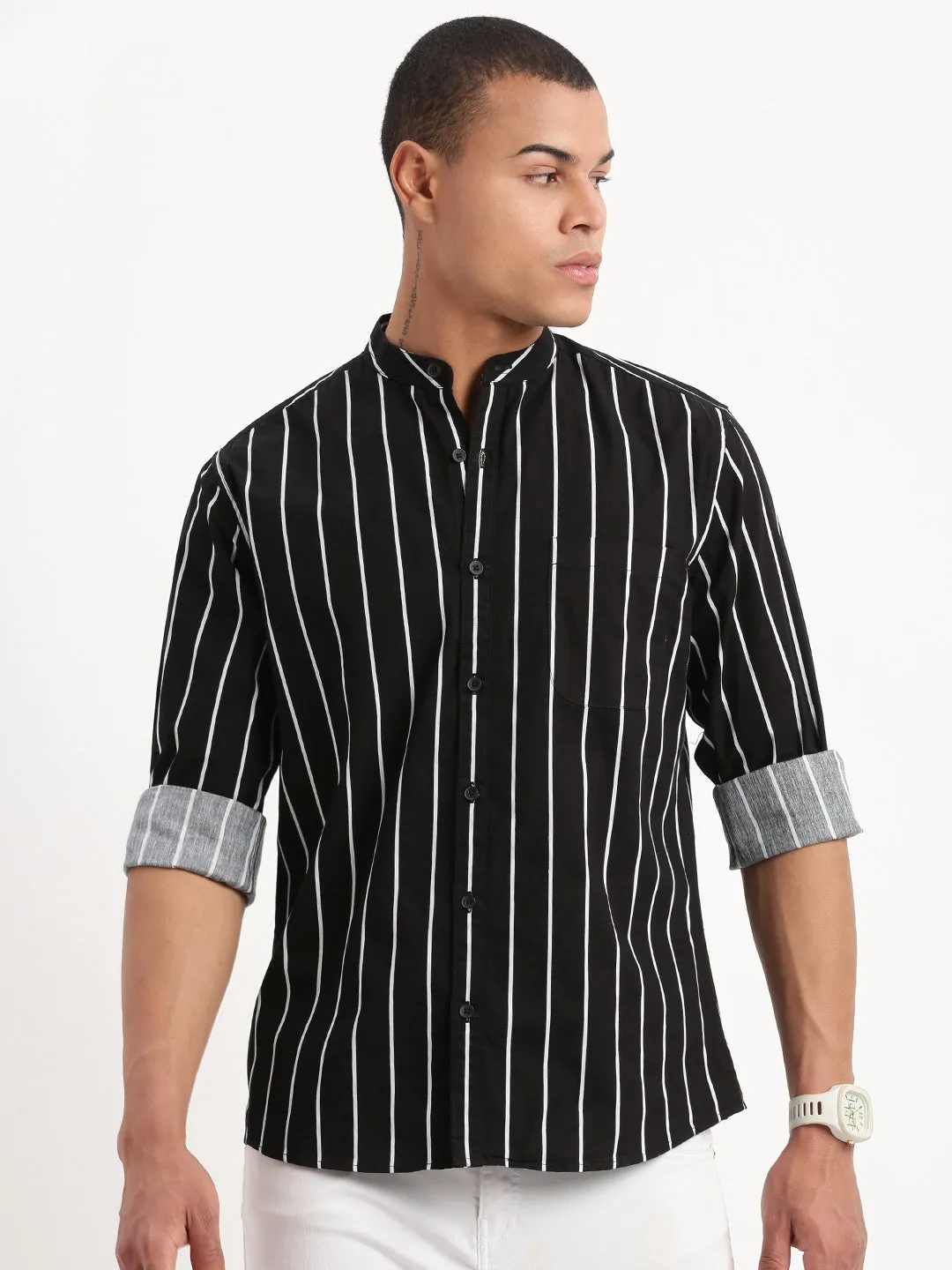 Men Mandarin Collar Vertical Stripes Black Shirt