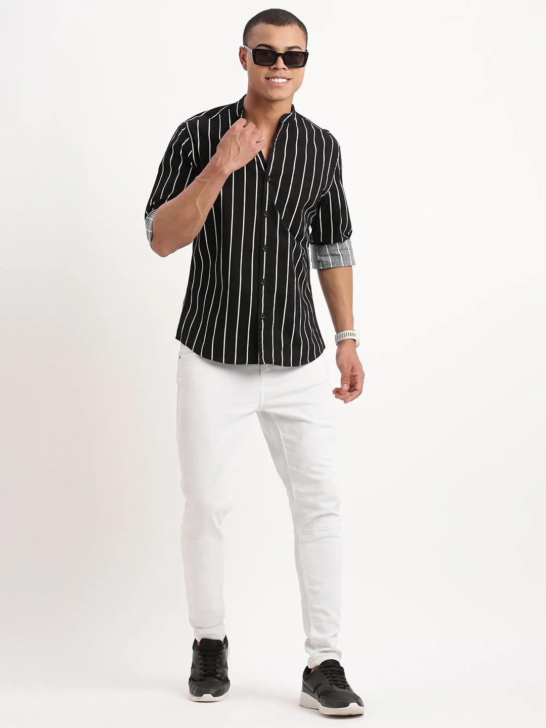 Men Mandarin Collar Vertical Stripes Black Shirt