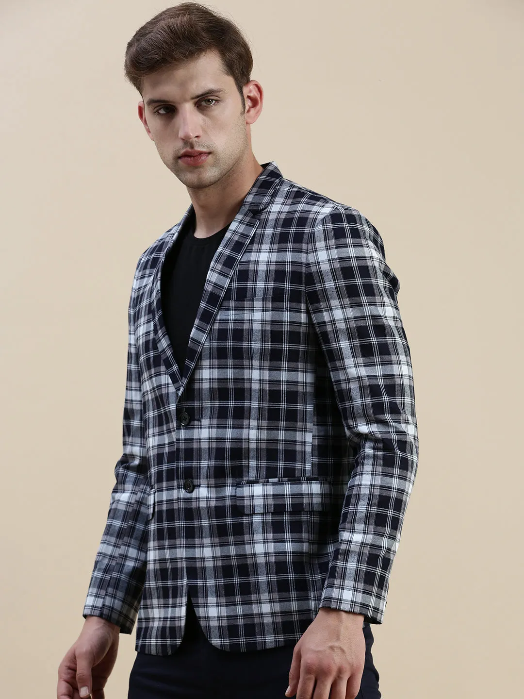 Men Navy Checked Casual Blazer