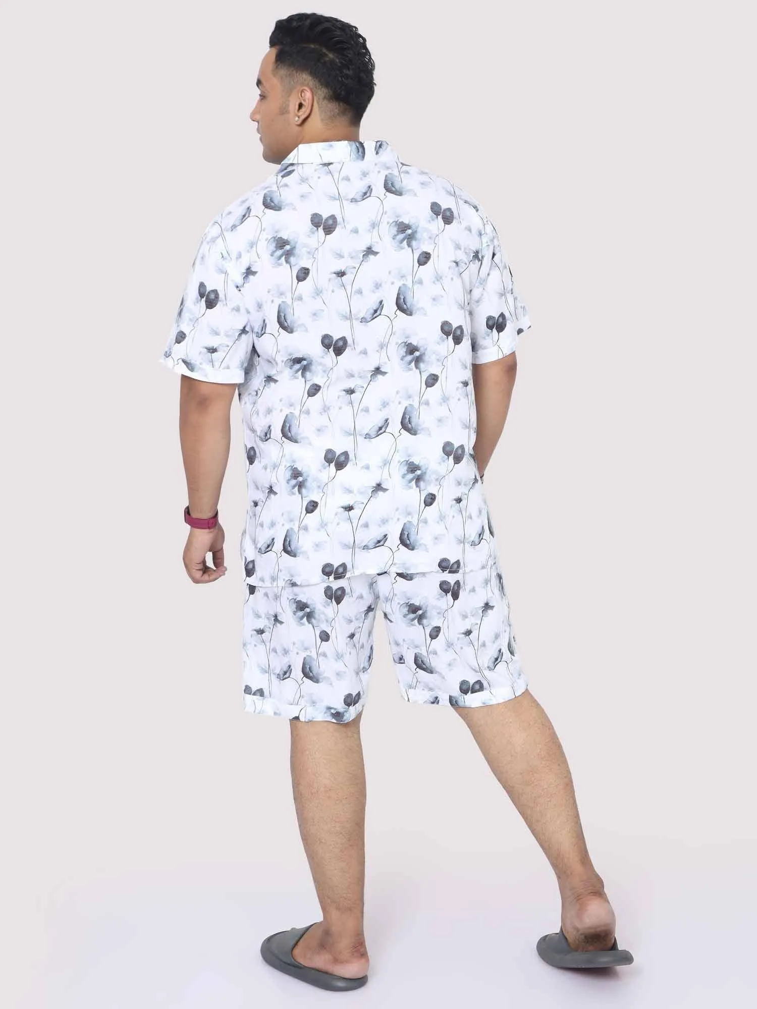 Men Plus Size Grey Blossom Printed Half Sleeve Co-Ords