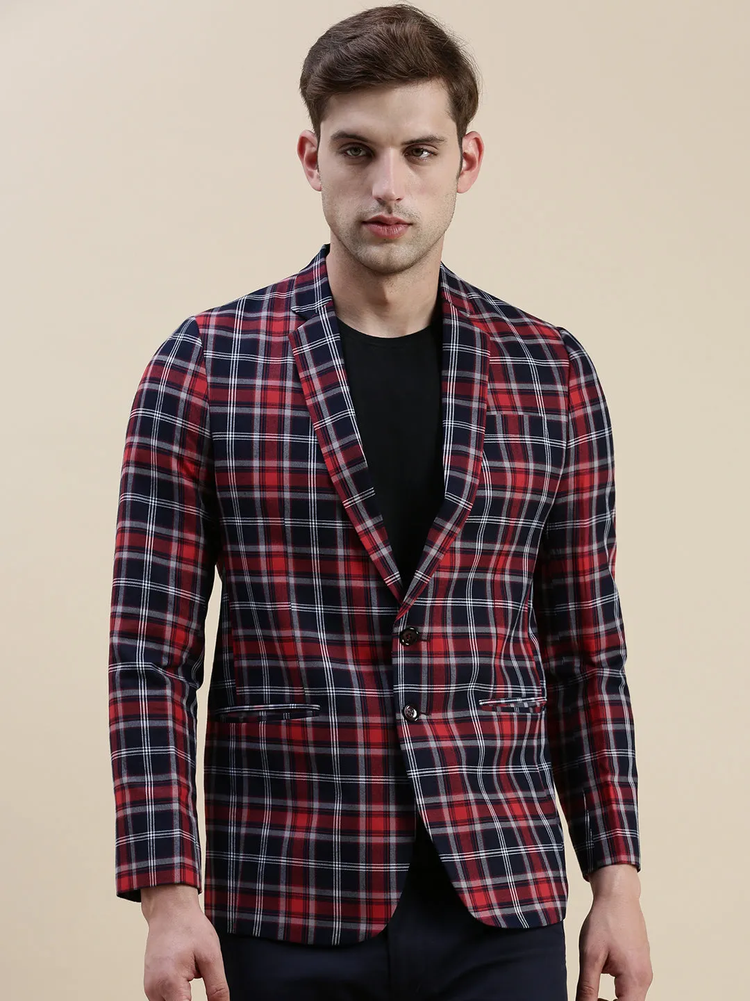 Men Red Checked Notched Lapel Blazer