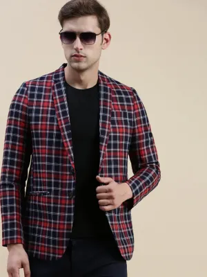 Men Red Checked Notched Lapel Blazer