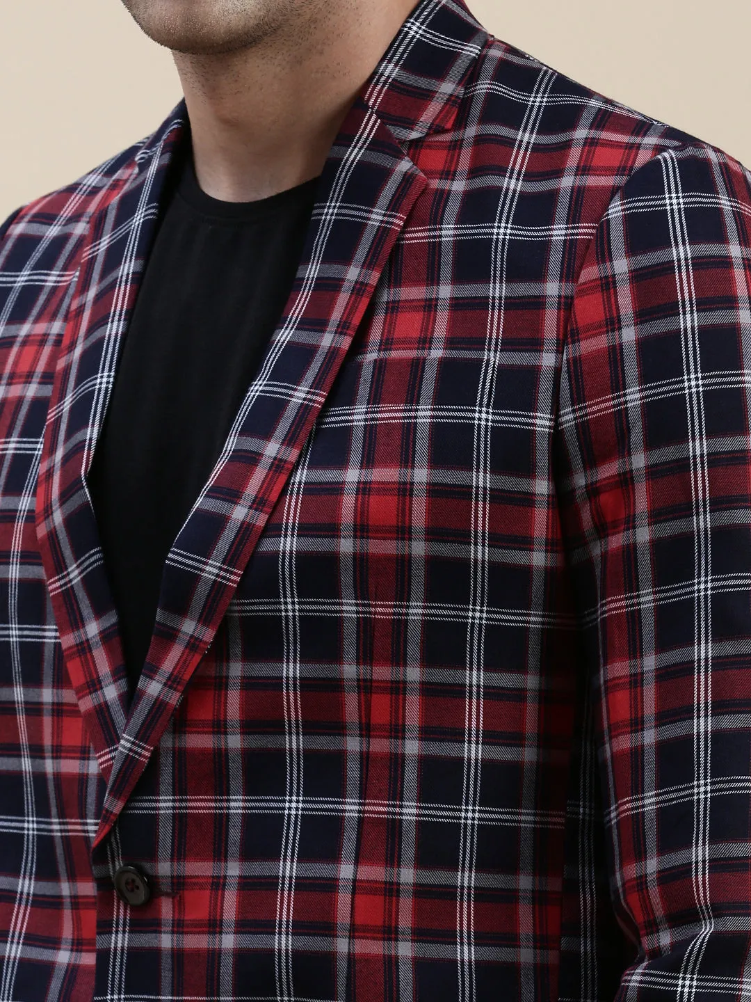 Men Red Checked Notched Lapel Blazer