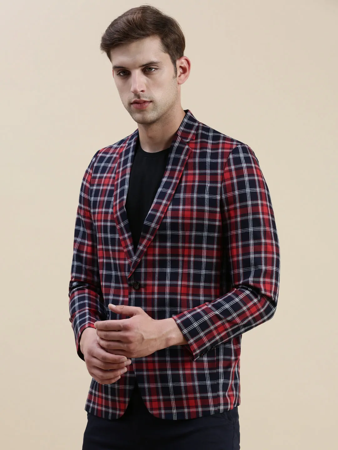 Men Red Checked Notched Lapel Blazer