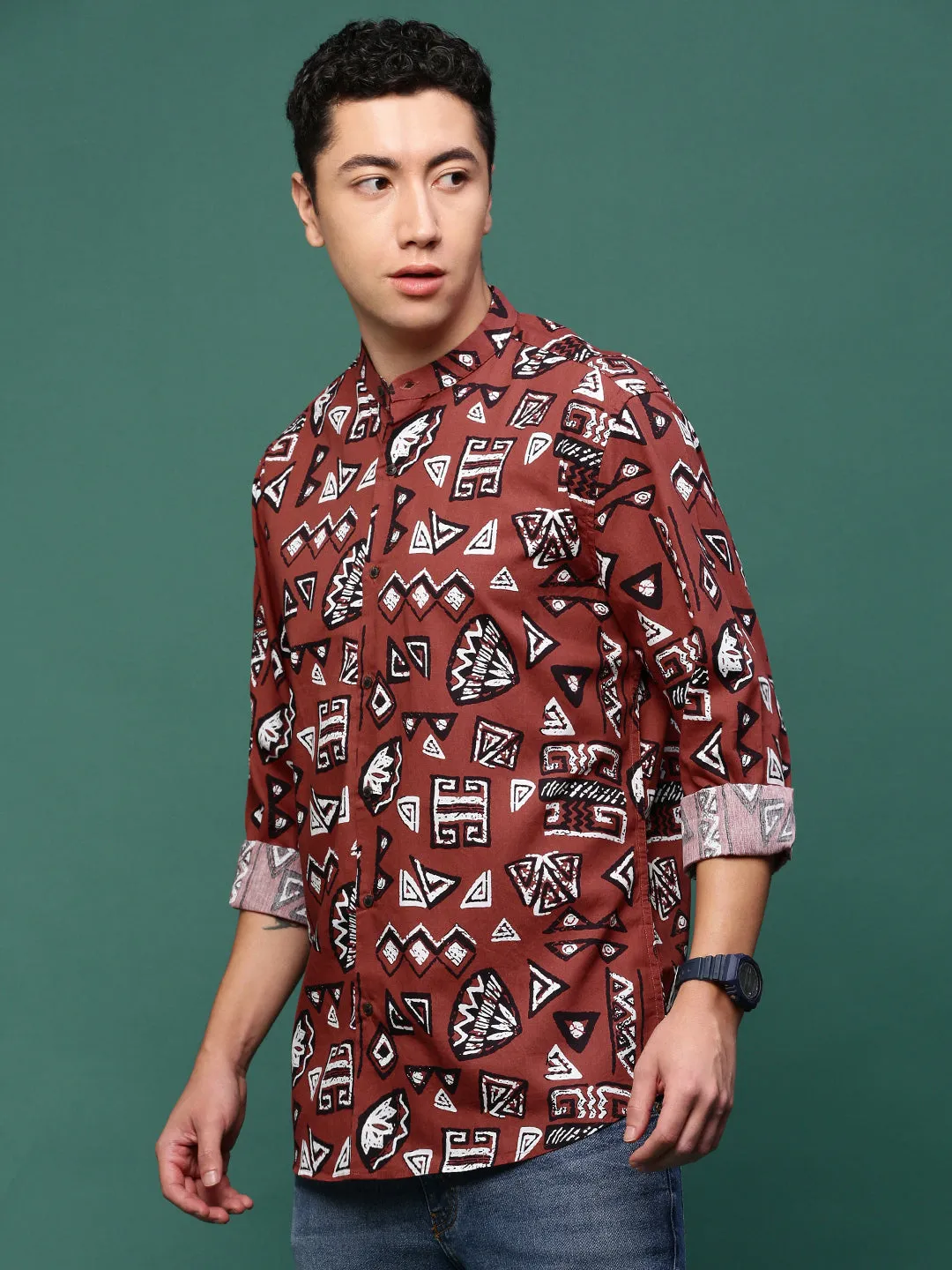 Men Rust Geometric Slim Fit Shirt