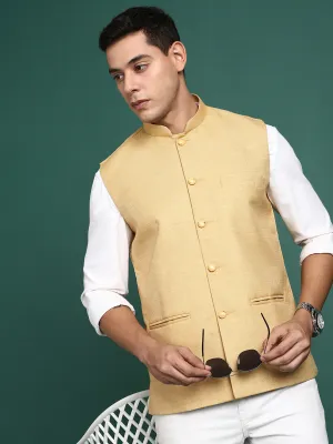 Men Solid Beige Slim Fit Nehru Jacket