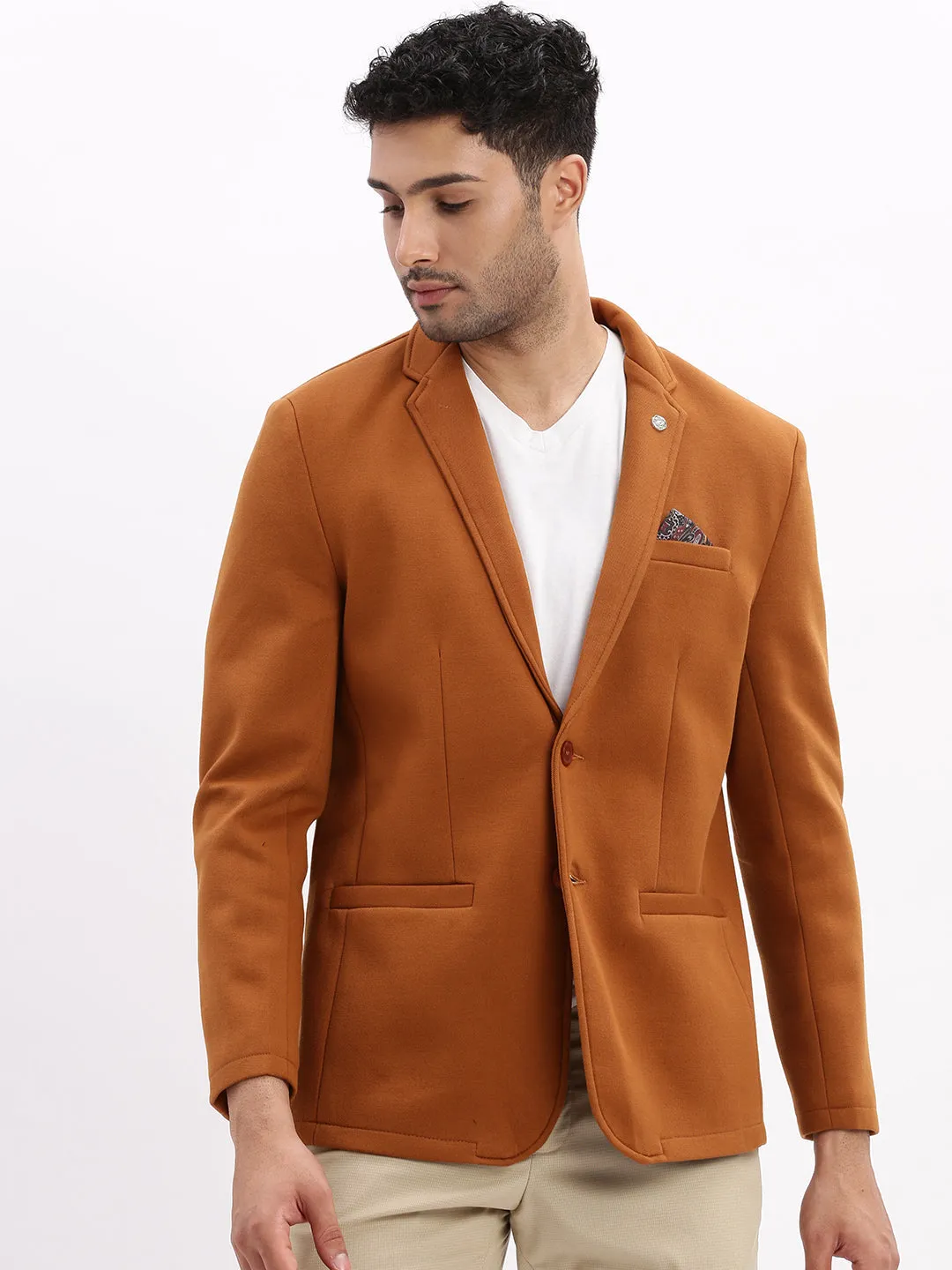 Men Solid Brown Single Breasted Blazer