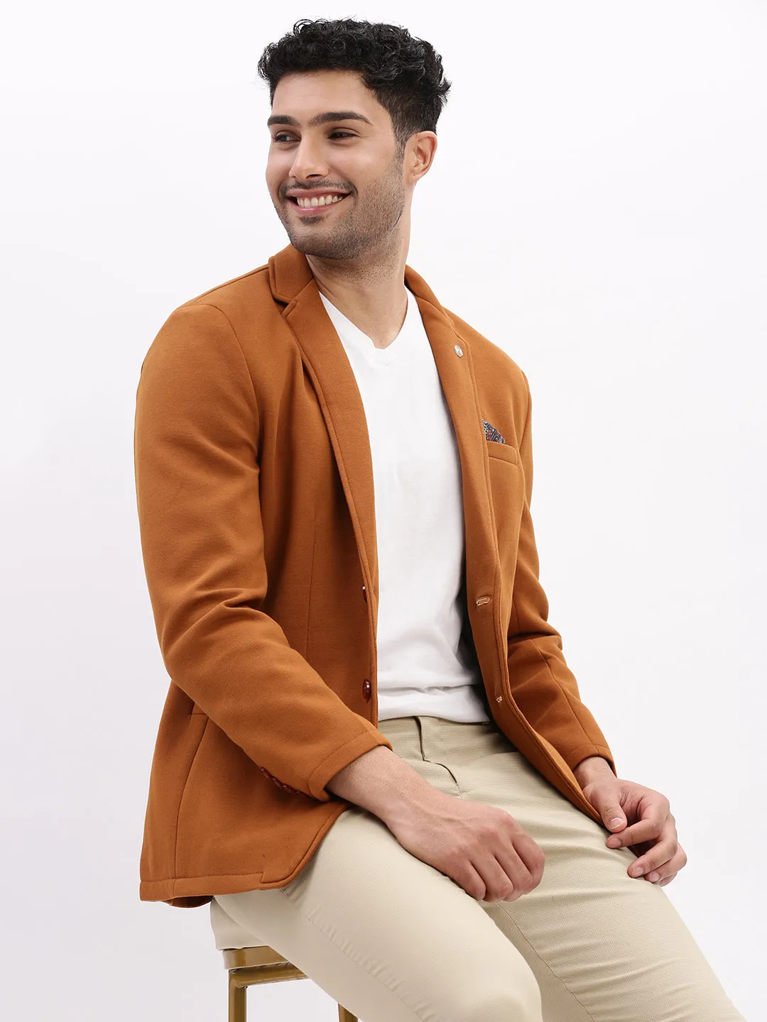 Men Solid Brown Single Breasted Blazer