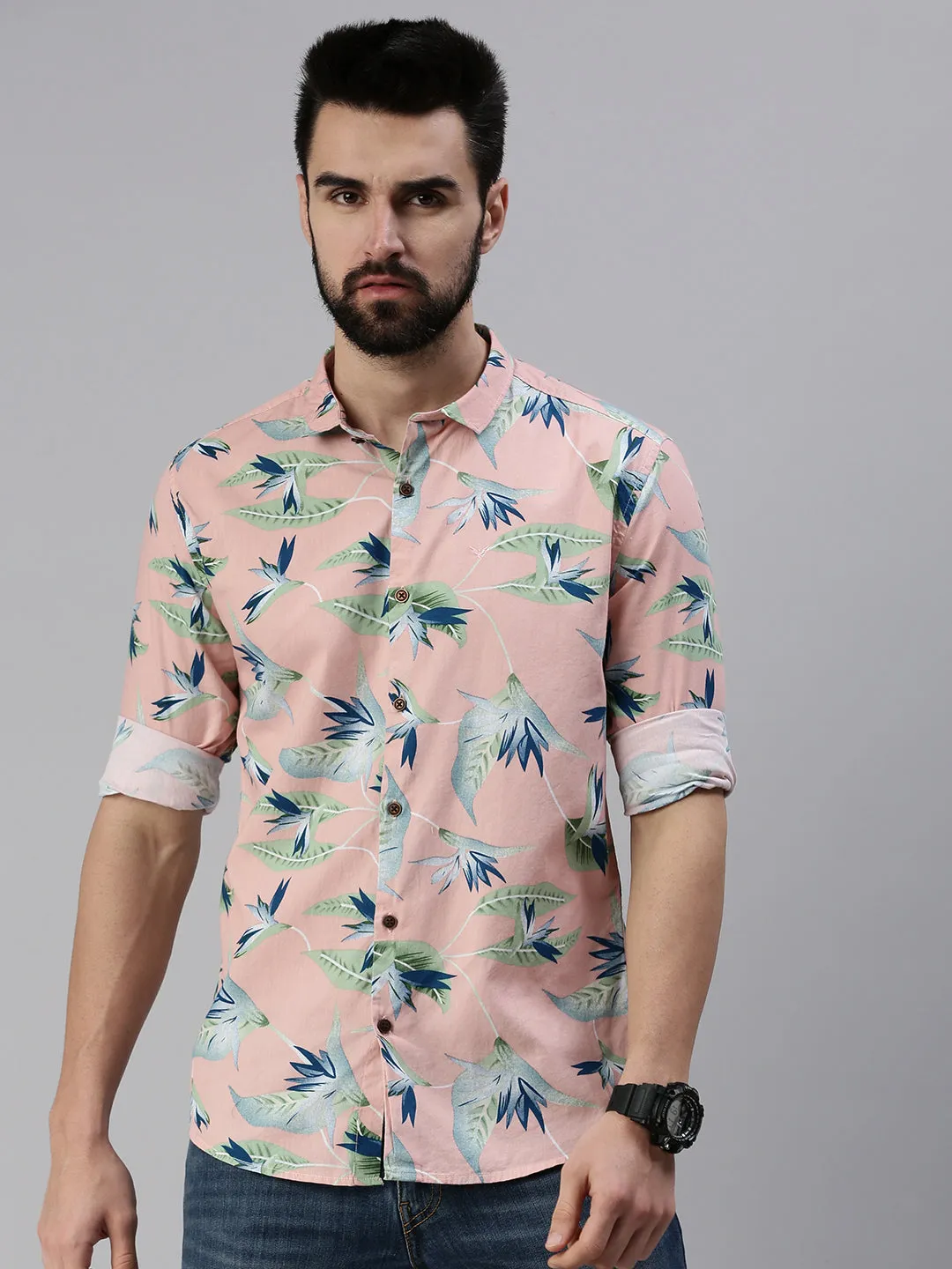 Men Spread Collar Printed Mauve Shirt