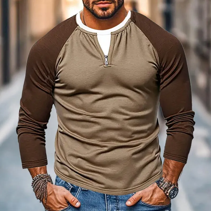 Men's Casual Color Matching Fake Two-Piece Double-Layer V-Neck Long-Sleeved T-Shirt 08547564Y