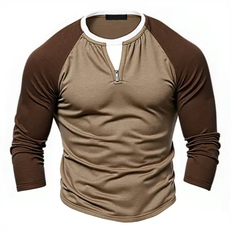 Men's Casual Color Matching Fake Two-Piece Double-Layer V-Neck Long-Sleeved T-Shirt 08547564Y