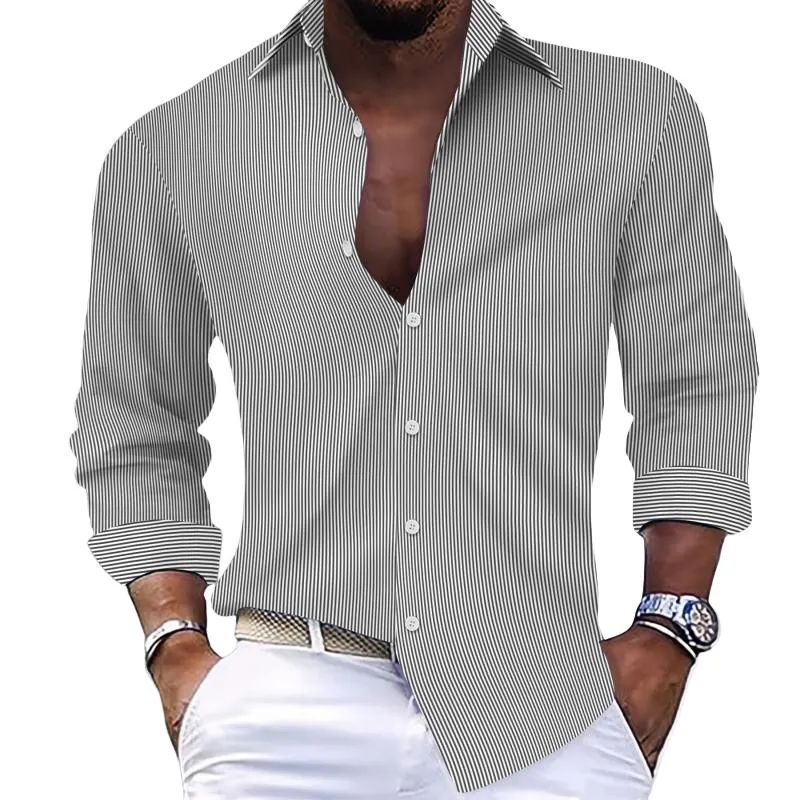 Men's Casual Striped Lapel Long Sleeve Shirt 35556968Y