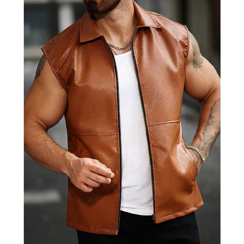 Men's Fashion Casual Solid Color Lapel Leather Vest 72332564Y