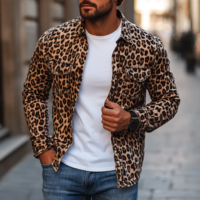 Men's Fashion Leopard Print Lapel Chest Strap Slim Fit Long Sleeve Shirt 99942928M