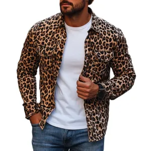 Men's Fashion Leopard Print Lapel Chest Strap Slim Fit Long Sleeve Shirt 99942928M