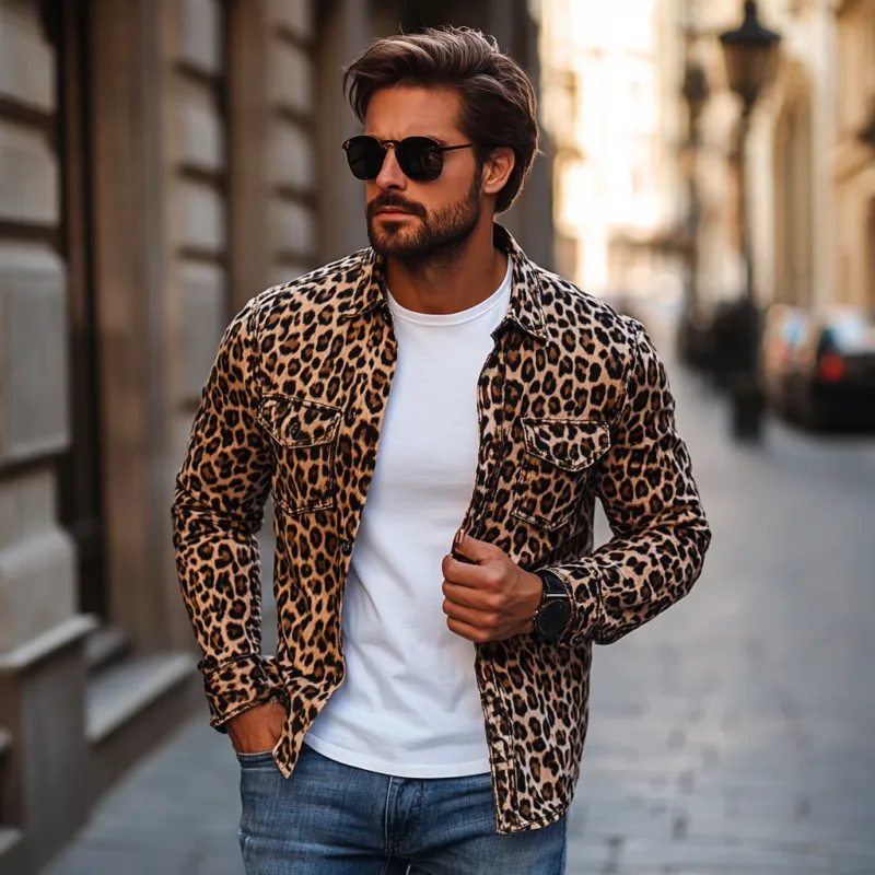 Men's Fashion Leopard Print Lapel Chest Strap Slim Fit Long Sleeve Shirt 99942928M