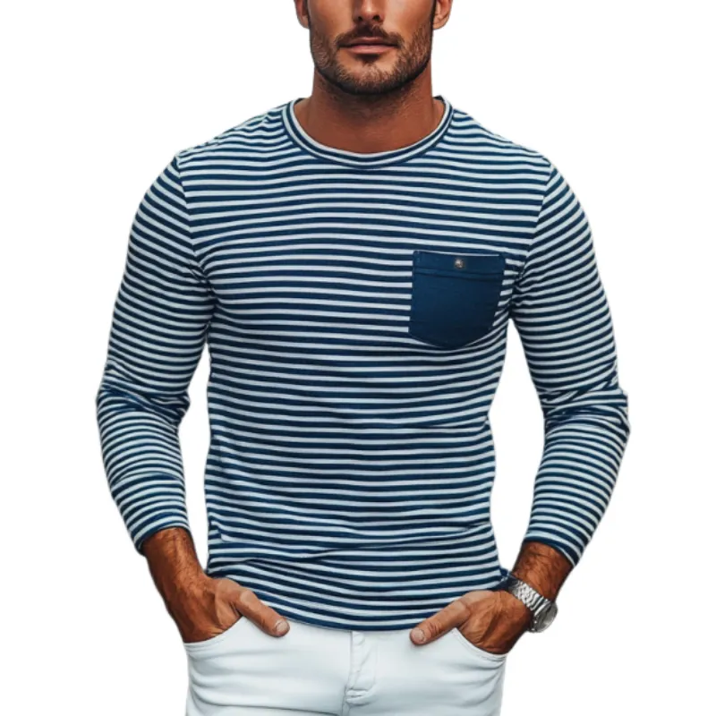 Men's Fashion Stripe Crew Neck Chest Pocket Slim Fit Long Sleeves T-shirt 68458581Y