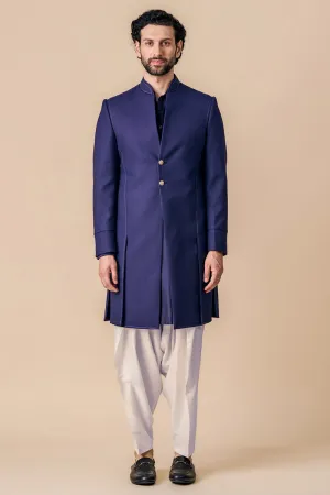 Navy Structured Sherwani With Dori Embroidery