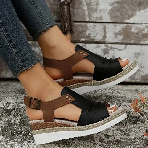 Orthopedic Platform Wedge Sandals for Women Summer Dressy Flat 2023 Open Toe Ankle Strap Espadrilles Sandals Casual Strappy Slip on Sandals Beach Boho Sandals Comfortable Outdoor Shoes (Black #2, 9)