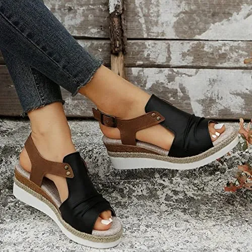 Orthopedic Platform Wedge Sandals for Women Summer Dressy Flat 2023 Open Toe Ankle Strap Espadrilles Sandals Casual Strappy Slip on Sandals Beach Boho Sandals Comfortable Outdoor Shoes (Black #2, 9)