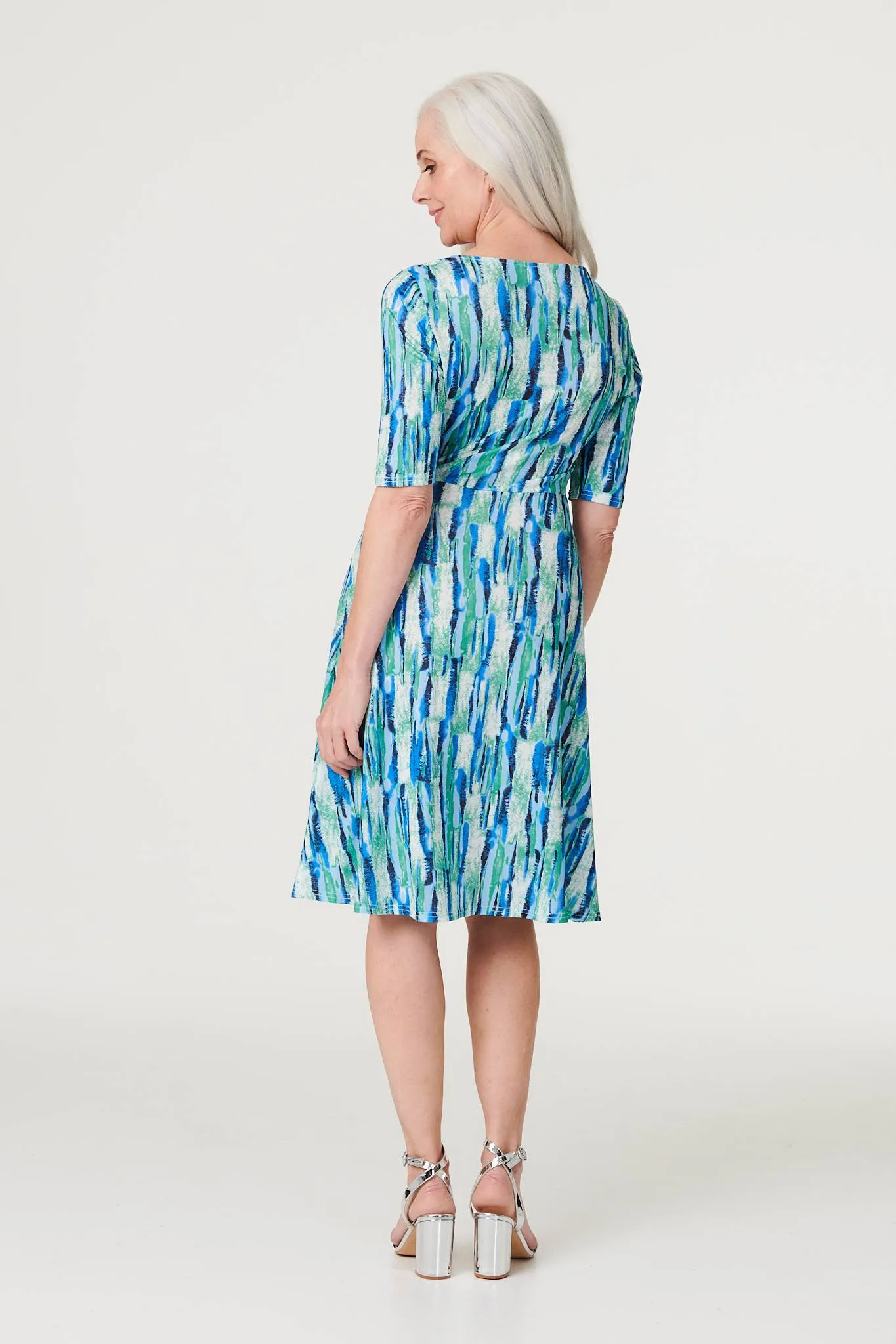 Printed 1/2 Sleeve Faux Wrap Dress