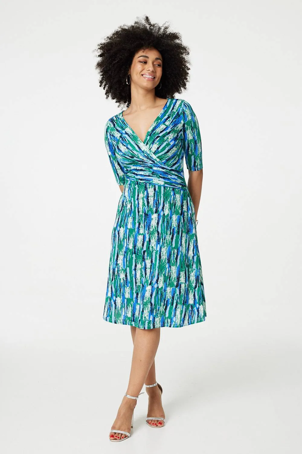 Printed 1/2 Sleeve Faux Wrap Dress